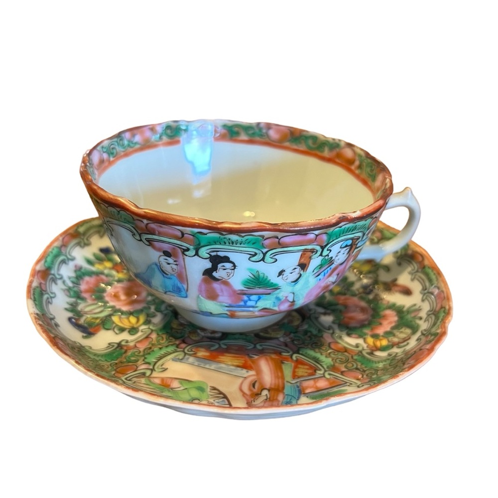 Antique Famille Rose Medallion Scalloped Teacup and Saucer Bone China Porcelain